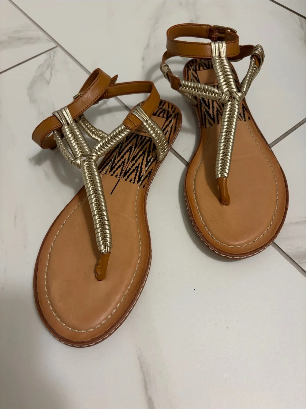 Dolce Vita Braided Metallic T-Strap Brown Sandals - Women's Casual Summer Shoe
